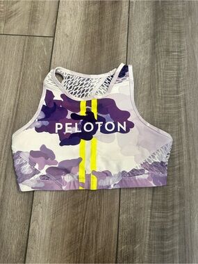 Peloton Purple Camo Sports Bra with Neon Yellow Stripe